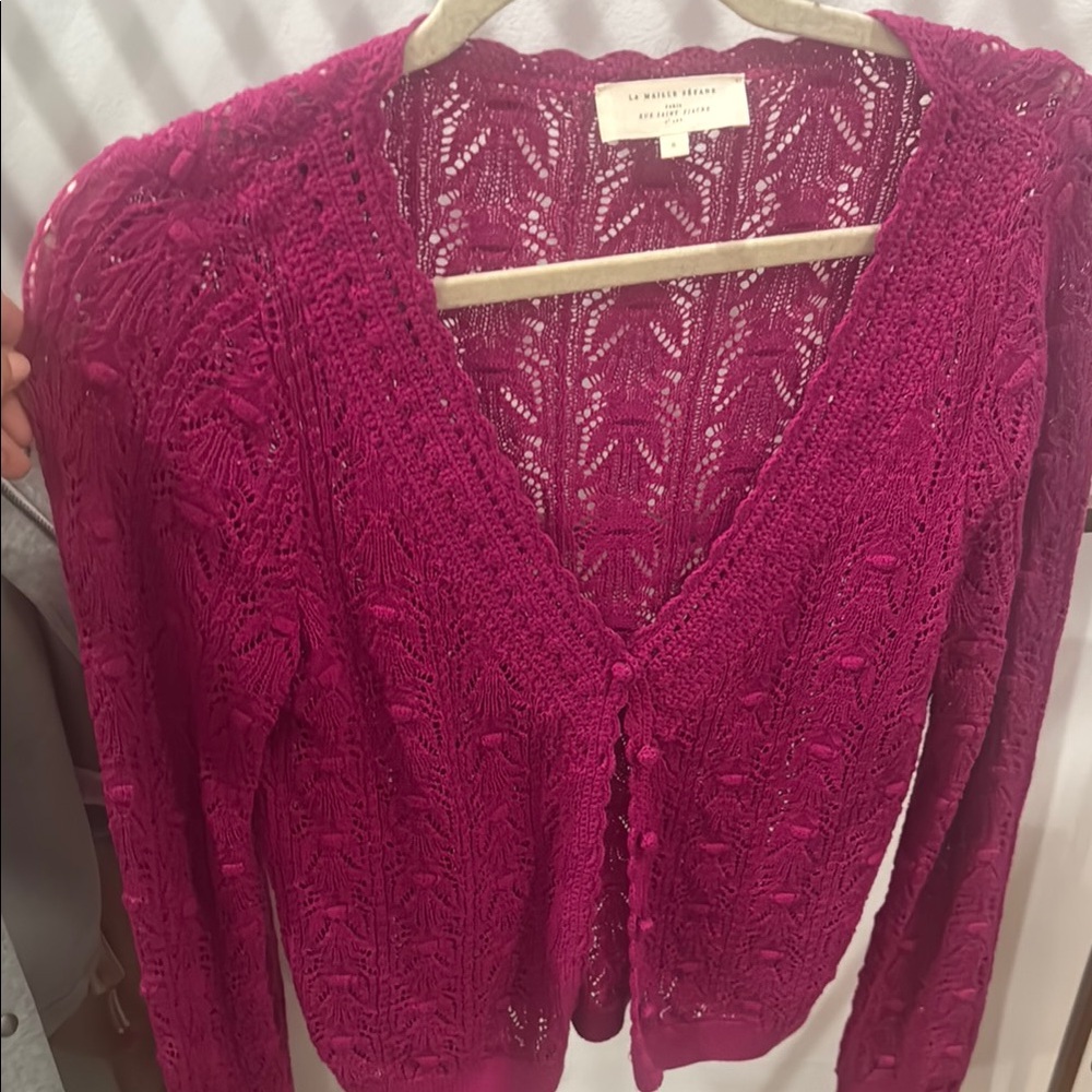 Sezane Raspberry Lacy Open-Knit Cardigan Sweater